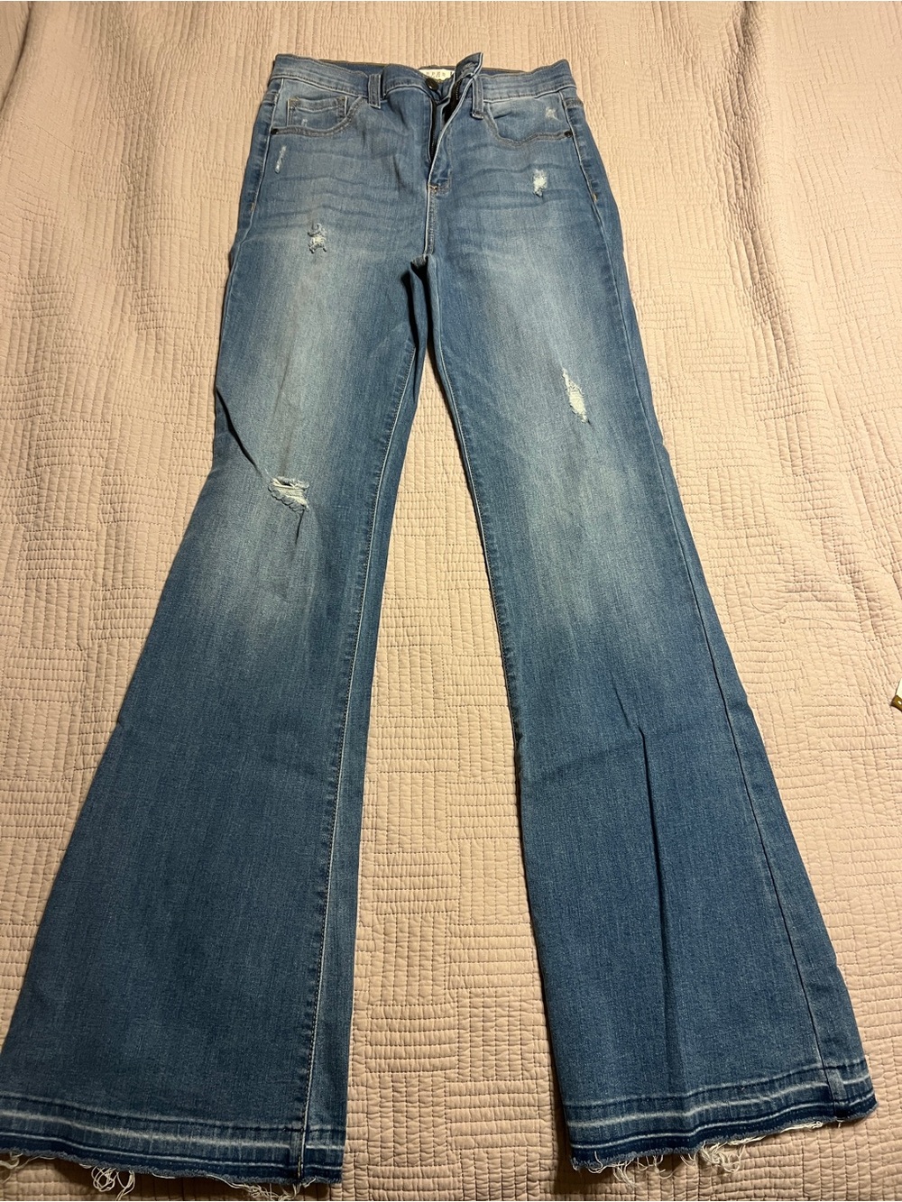 Harper heritage High-Rise Flare Jeans in Medium Blue with Distressed Details